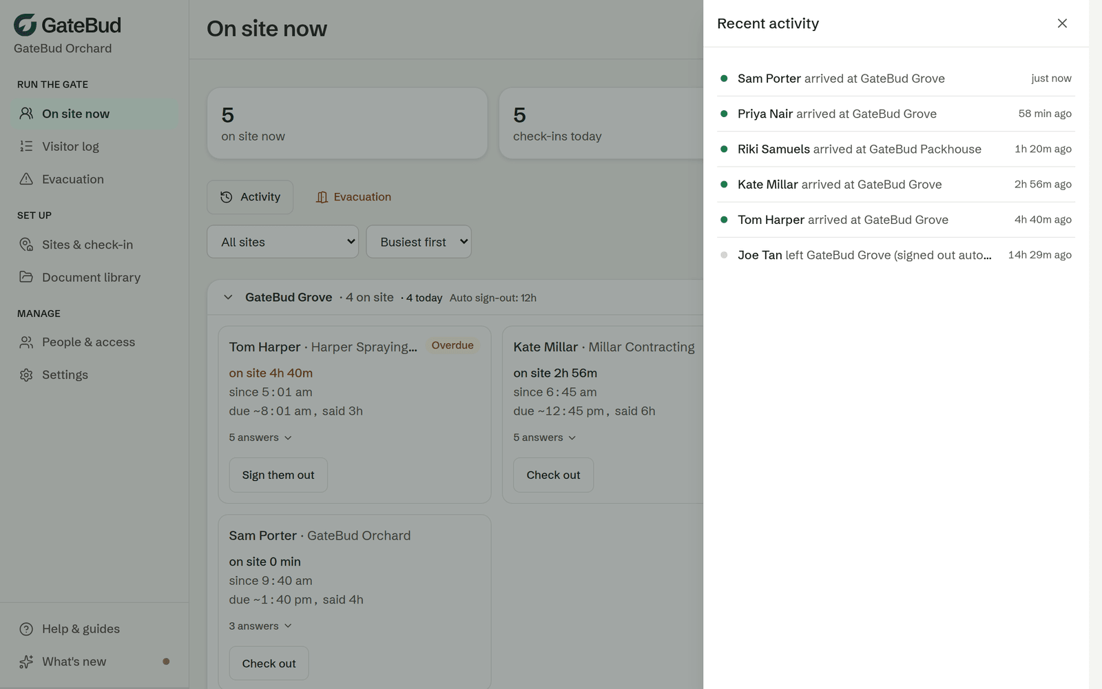 The Recent activity panel listing the morning's arrivals and departures