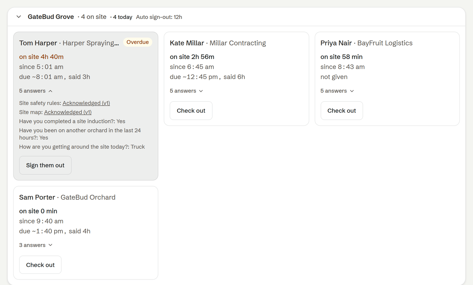 A person's card expanded, showing their answers and acknowledged documents