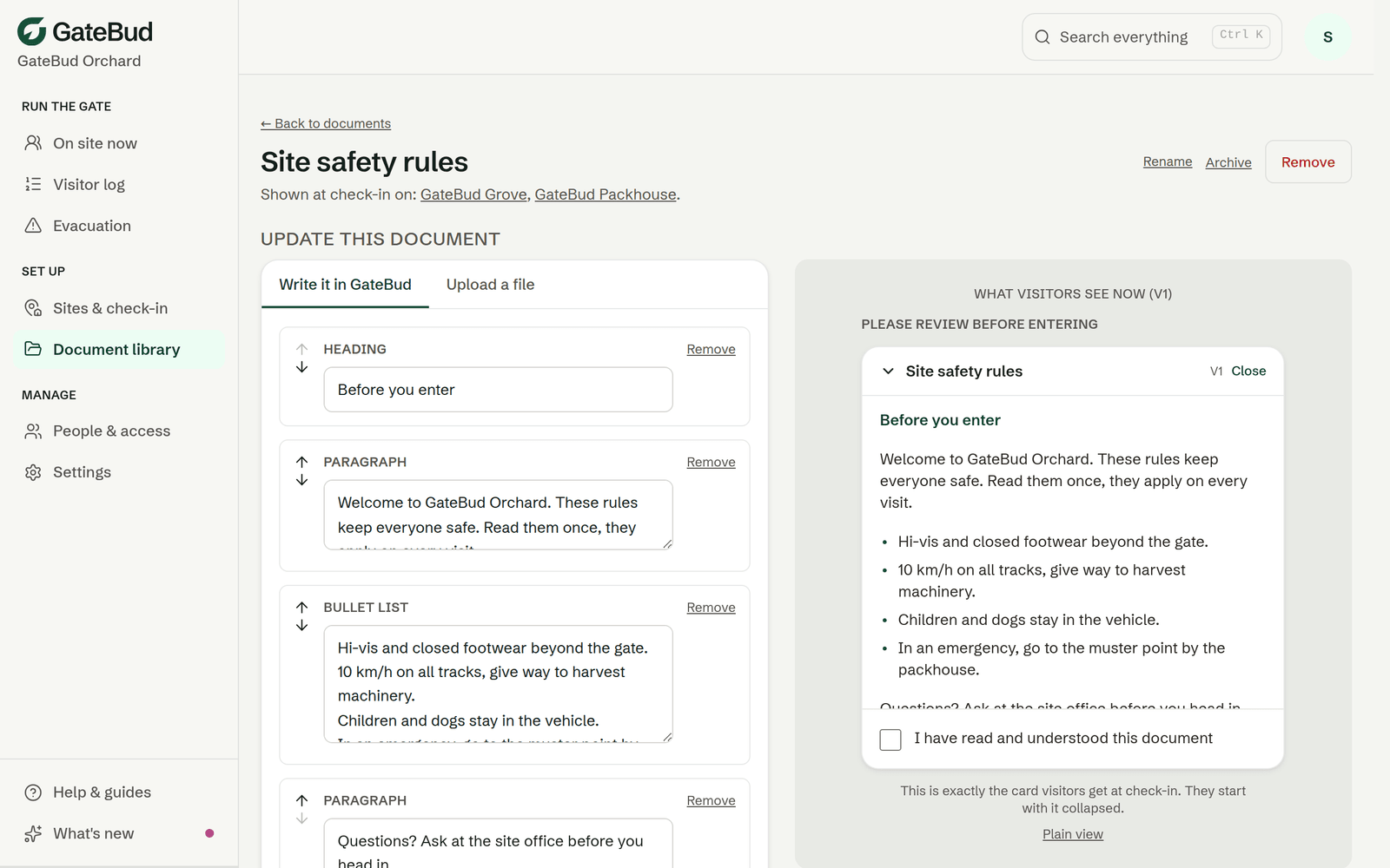 Writing a document in GateBud, with the live phone preview of what visitors see