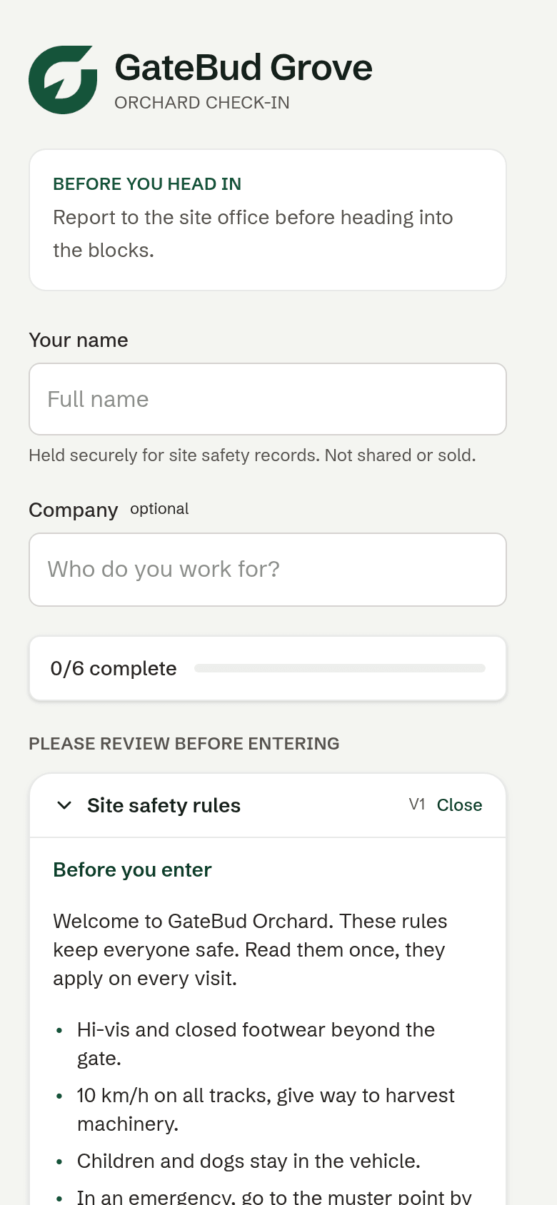 The check-in form on a visitor's phone: name, company and the site's welcome