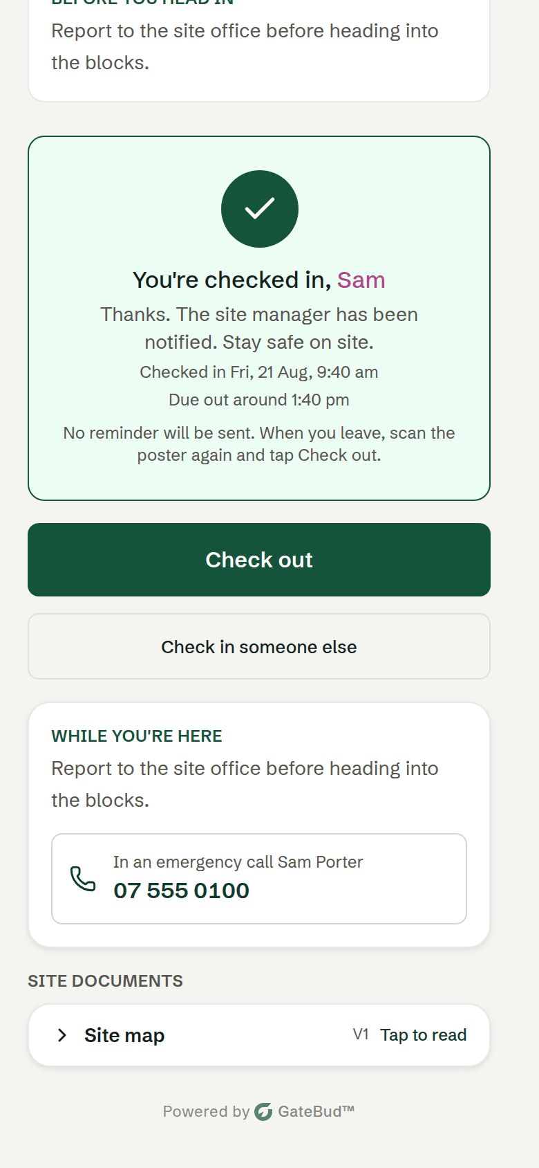 The visitor's phone after checking in, with the check-out button and site documents