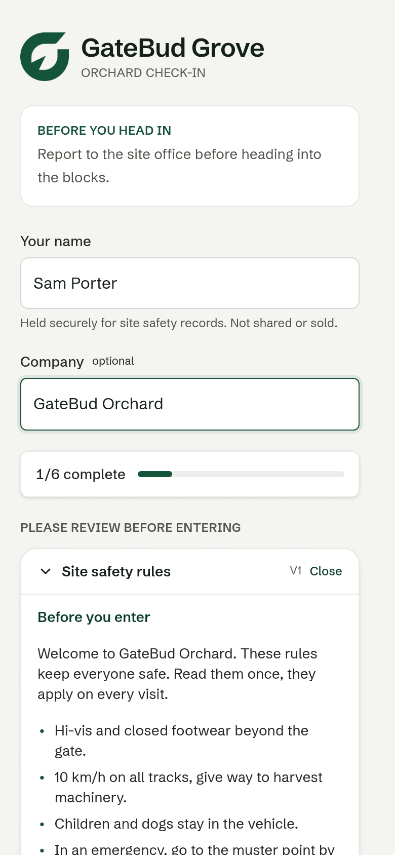 The documents step, with the site safety rules open for reading