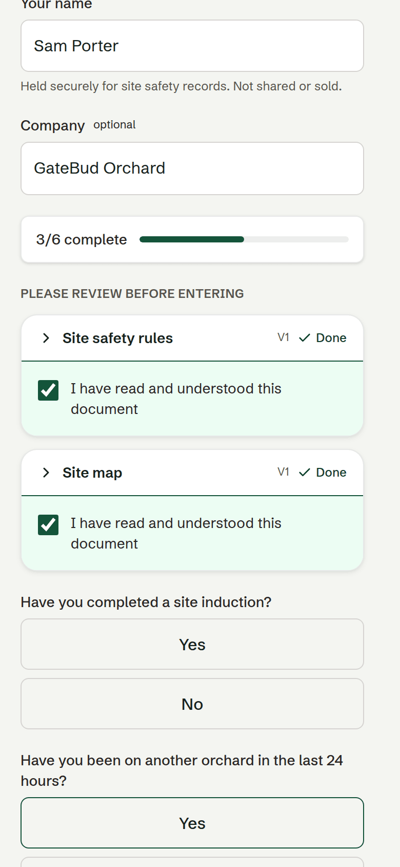 The questions step, with yes or no buttons and the tap-a-number expected time question