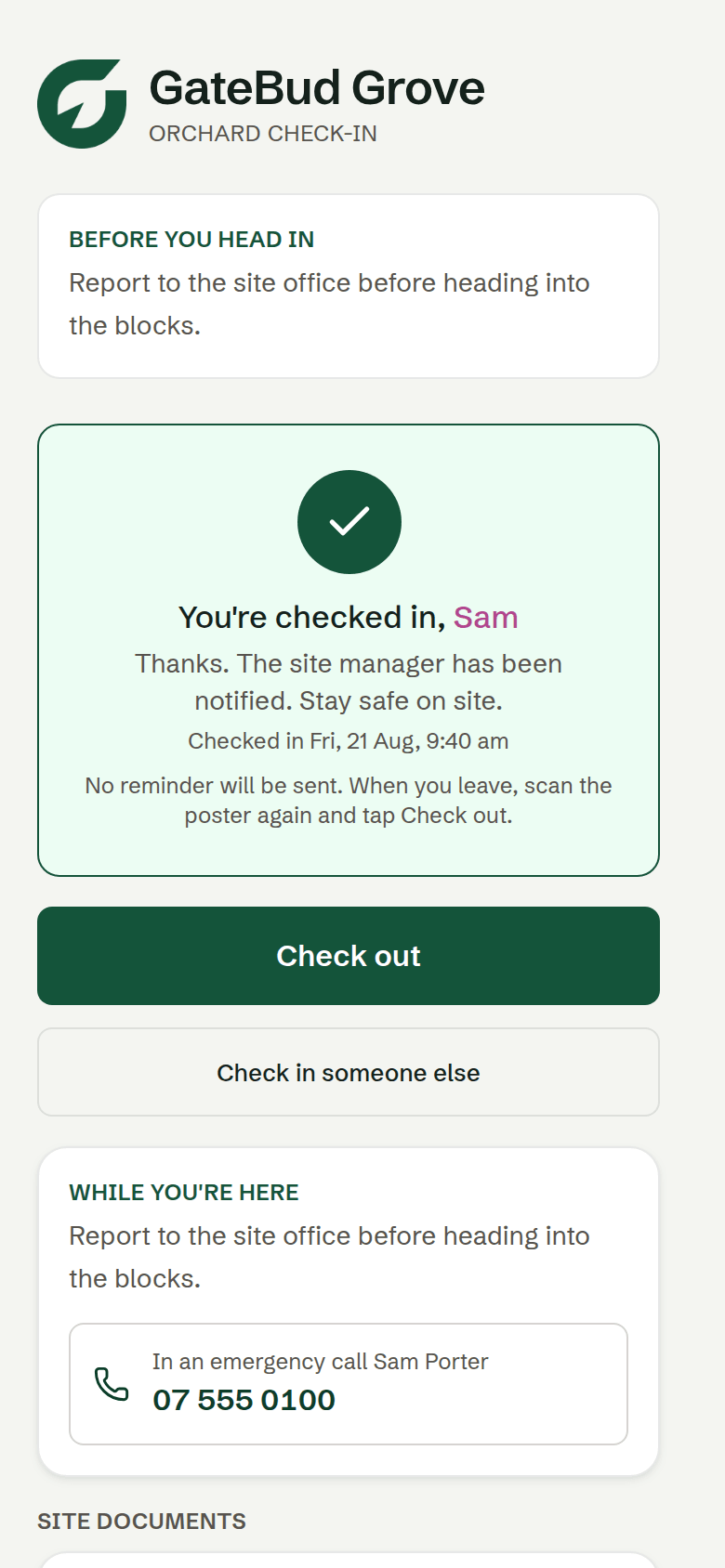 A returning visitor's phone, with the Check out button ready