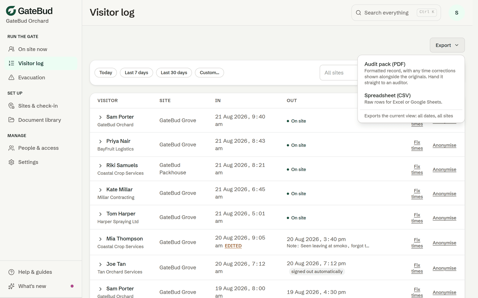 The export menu: audit pack PDF or spreadsheet CSV, exporting exactly the current view