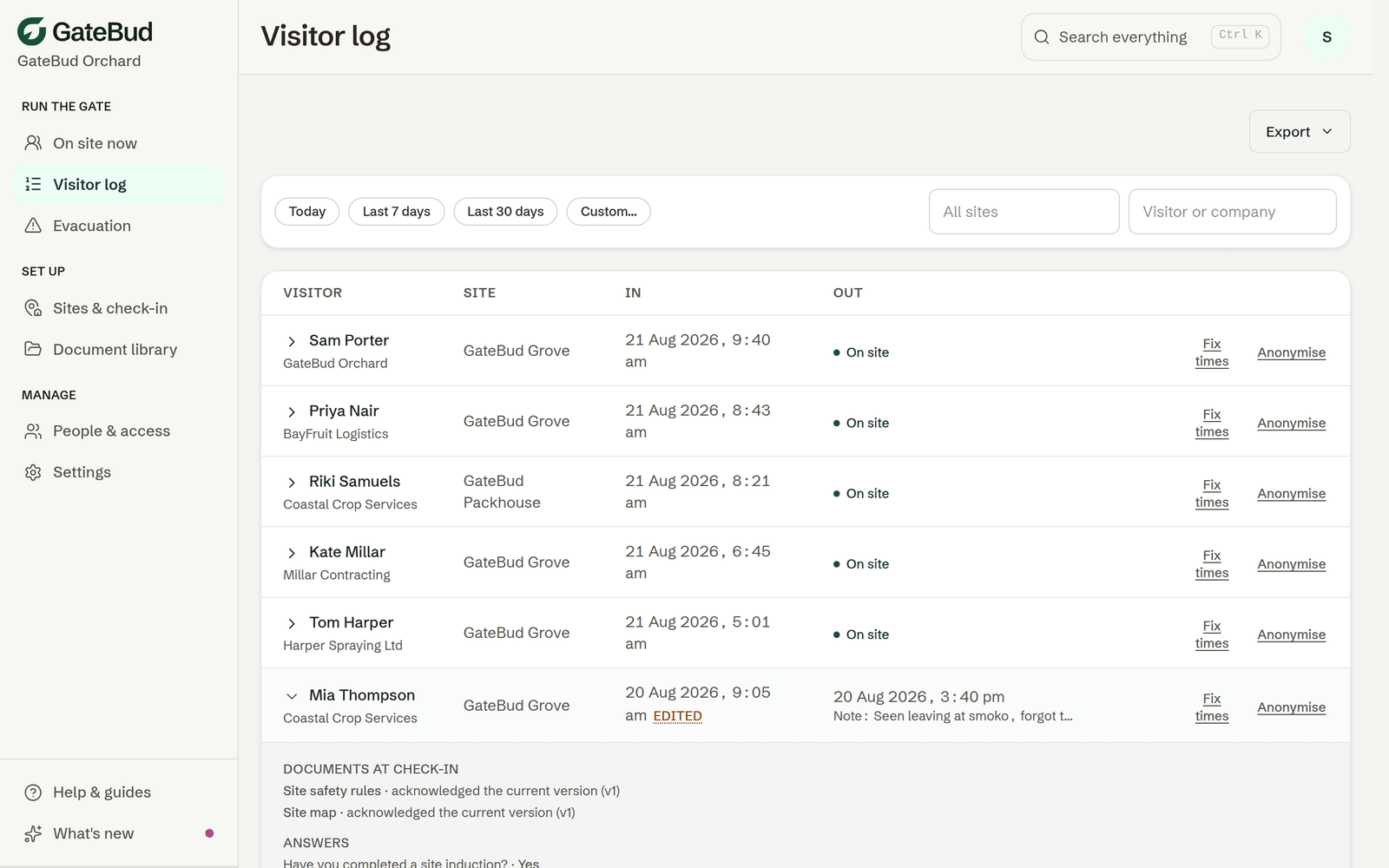One visit's full record: documents with versions, answers, the sign-out note and a time correction