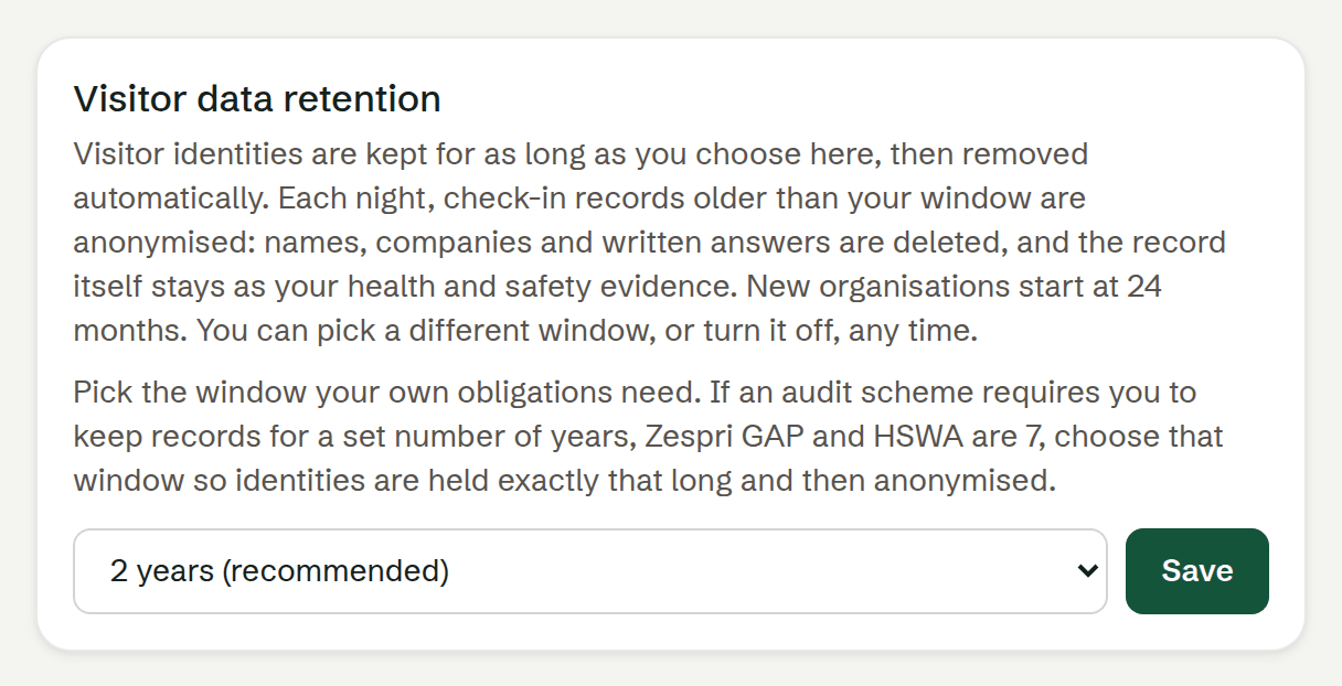 The Visitor data retention setting