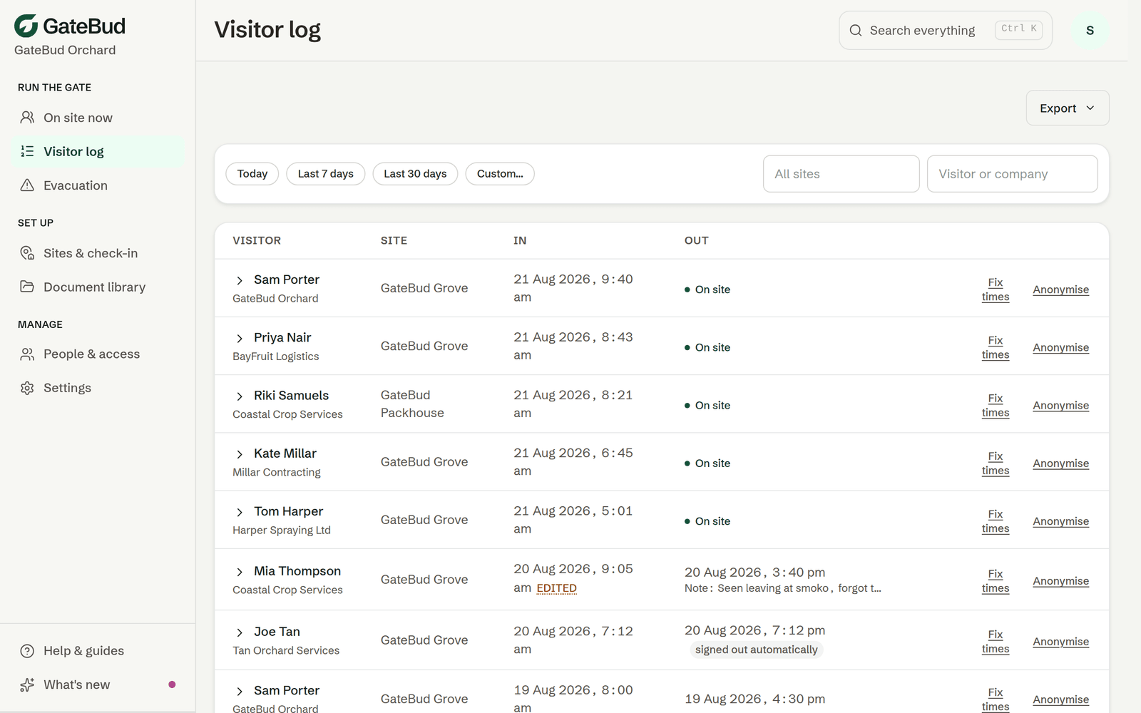 The Visitor log, with date chips, site and visitor search, and the full record of visits