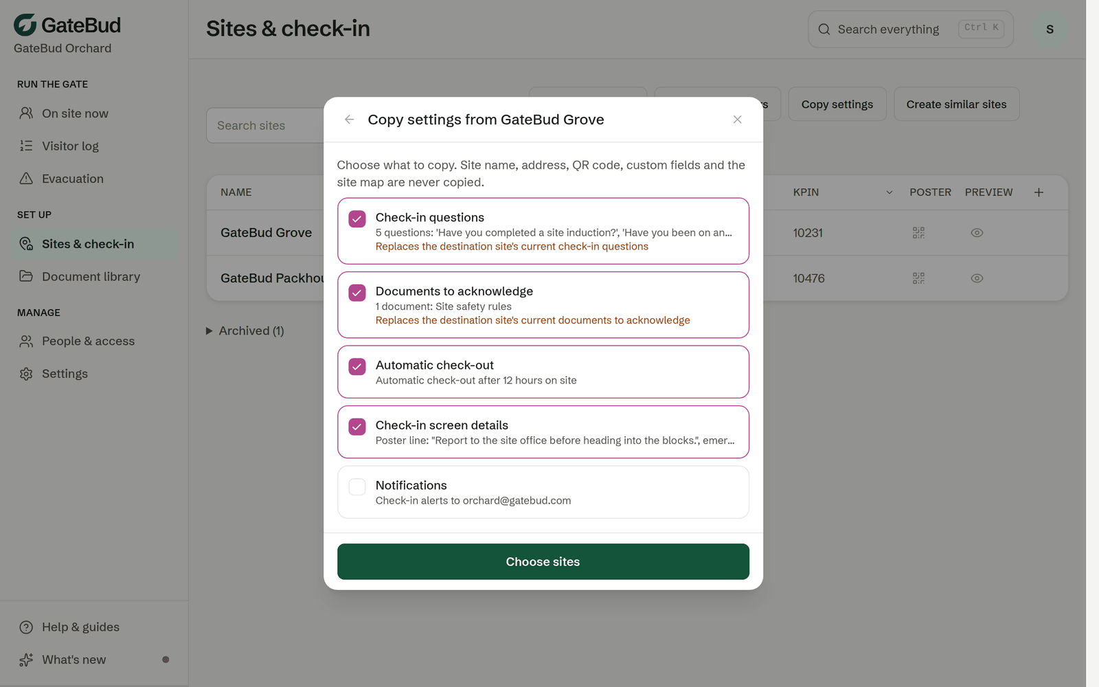 The Copy settings screen, choosing what to copy from one site to others