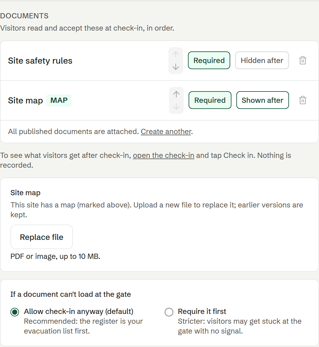 A site's Documents section, with required and shown-after toggles, the site map slot and the offline setting