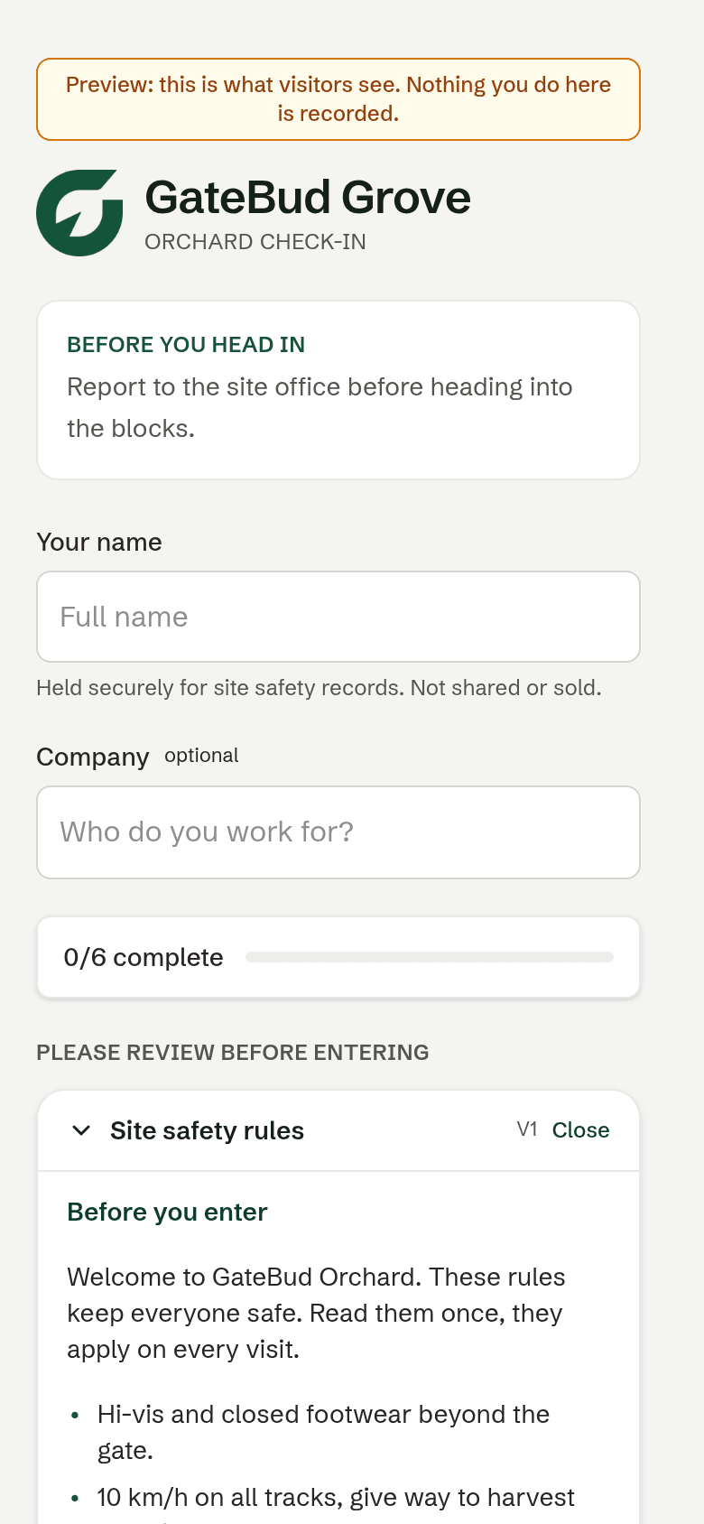 The check-in form in preview, with the banner saying nothing is recorded