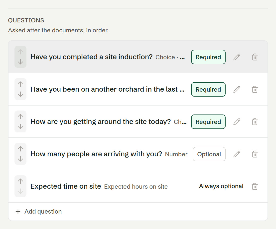 The Questions editor on a site, with yes or no, choice and expected hours questions