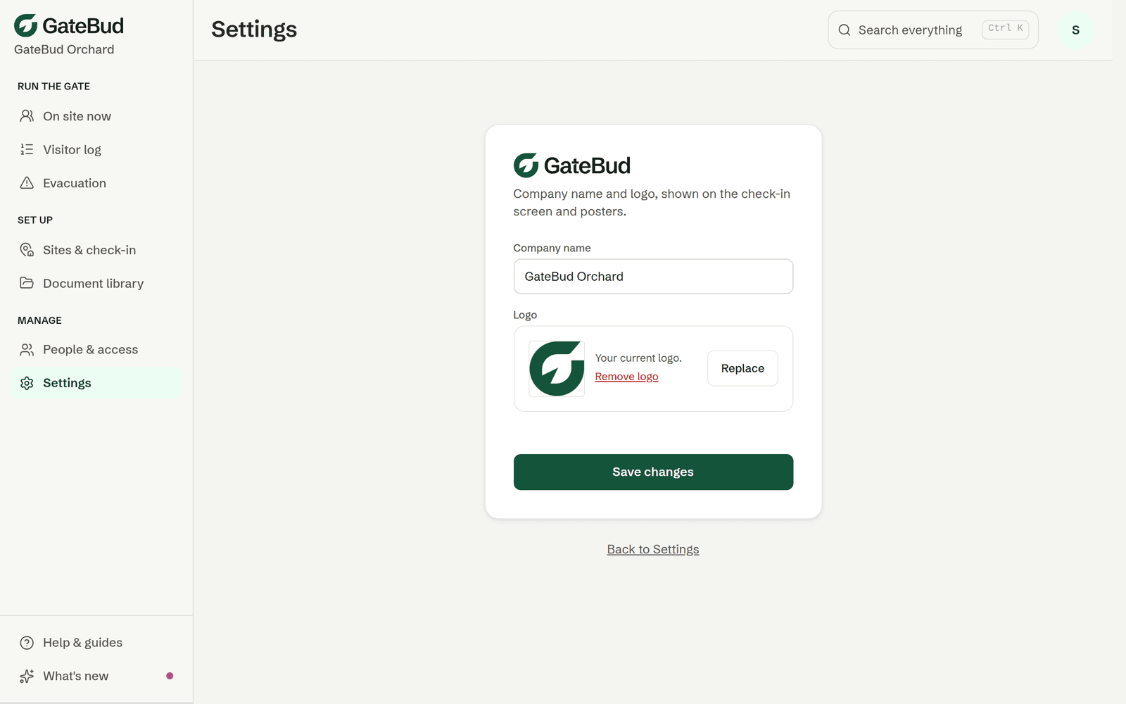 The Branding page, with the company name filled in and the current logo ready to replace