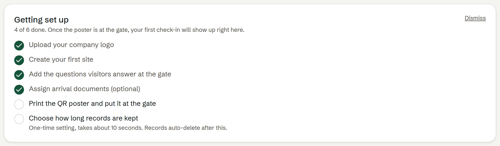 The Getting set up checklist on the Dashboard, four of six steps done