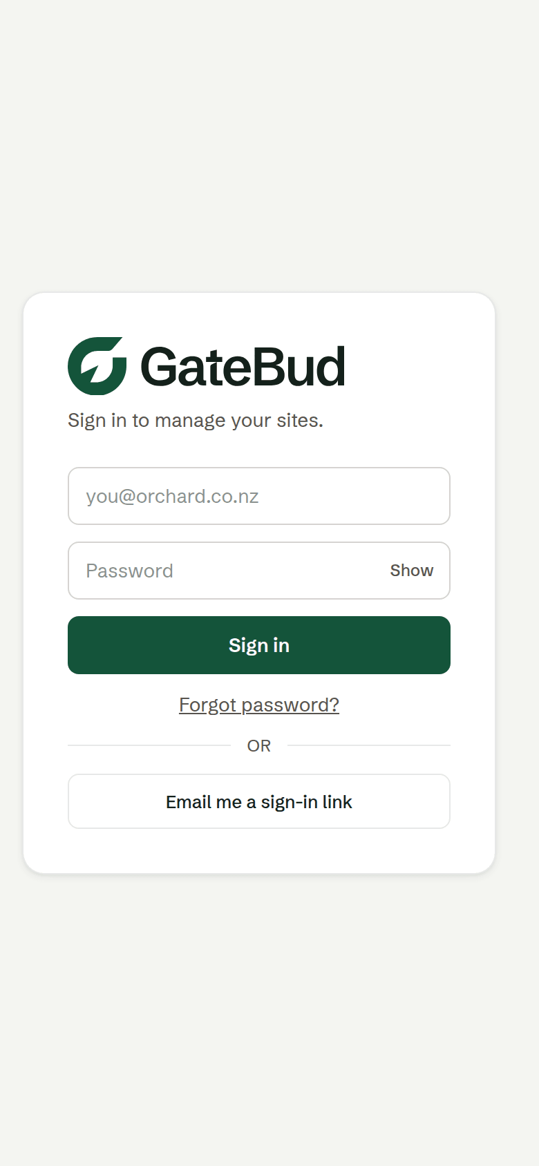 The GateBud sign-in screen, with the password field and the Email me a sign-in link button