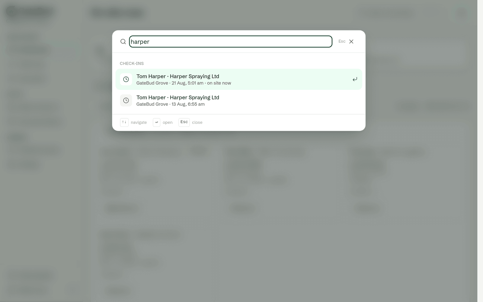 Searching for "harper" and finding that visitor's check-ins, one of them on site now