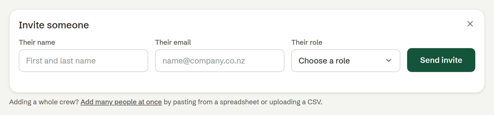 The Invite someone form: name, email and role